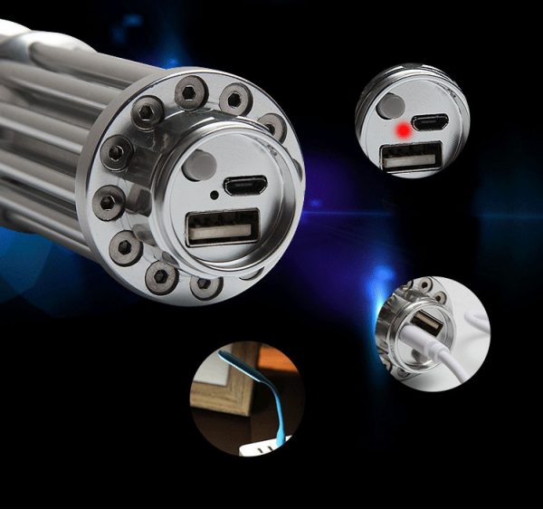 Built-in Battery USB 5000mW 445nm Blue Beam Laser Pointer Silver Pen